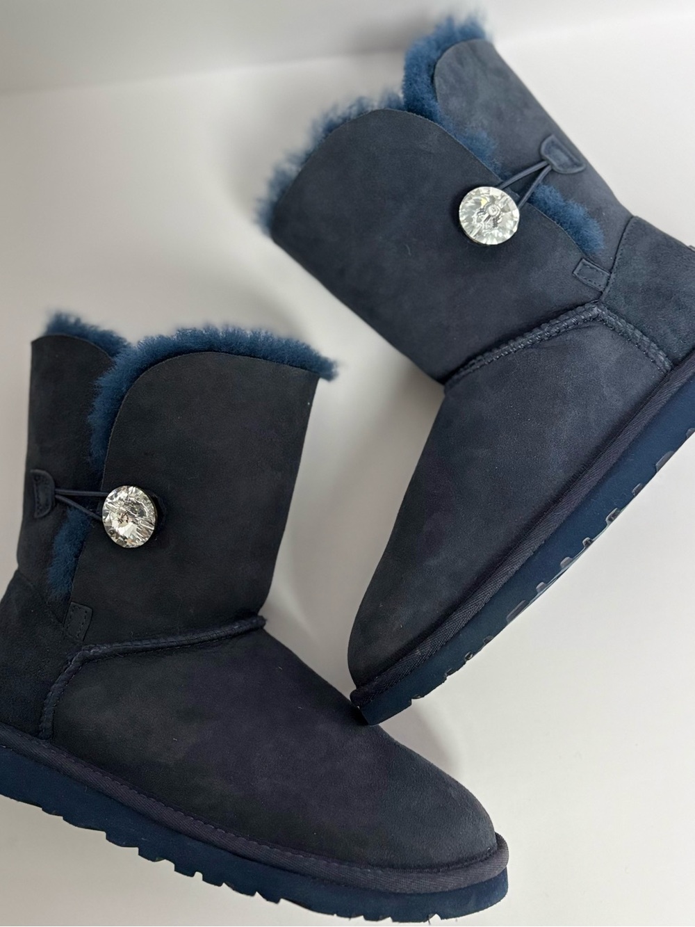 UGG Woman’s Bailey Navy Shearling Crystal Button Short Boots